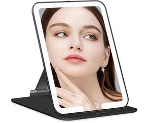 Auxmir Rechargeable Travel Vanity Mirror, Portable Makeup Mirror with 72 LED Lights, 3 Color Lighting, Dimmable Touch Screen, Folding Lighted Table Cosmetic Mirror with Stand for Home, Travel(Black)