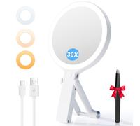 Auxmir Travel Makeup Mirror with Lights, Double Sided 30X/1X Magnifying Mirror, 2000mAh Rechargeable 3 Color Lighting, Dimmable Portable Beauty for Travel, Offices, Bedroom, Handheld Tabletop Hanging