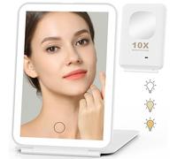 Auxmir Travel Mirror with Light, 1X /10X Rechargeable Portable Magnifying Mirror, Vanity Cosmetic Tabletop with 3 Color Lighting, Dimmable with Touch Screen for Home and Travel