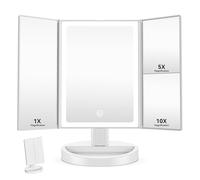 Auxmir Vanity Makeup Mirror with 34 LED Lights, 10X/5X/1X Magnifying Mirror with Touch Screen, Stepless Dimmable Brightness Adjustable Trifold Mirrors, Dual Power 180° Rotation Cosmetic Mirrors