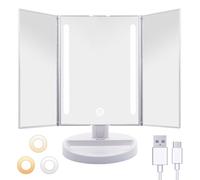 Auxmir Vanity Makeup Mirror with 40 LED Lights, USB Rechargeable Makeup Mirrors, Touch Screen Stepless Dimmable Color Adjustable Trifold Mirror, 180° Rotation Portable Cosmetic Vanity Mirror