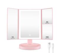 Auxmir Vanity Makeup Mirror with 68 LED Lights, 10X/5X/1X Rechargeable Magnifying Mirror, Touch Screen Stepless Dimmable Color Adjustable Trifold Mirrors, 180° Rotation Portable Cosmetic Mirrors