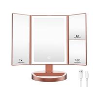 Auxmir Vanity Makeup Mirror with 68 LED Lights, 10X/5X/1X Rechargeable Magnifying Mirror, Touch Screen Stepless Dimmable Color Adjustable Trifold Mirrors, 180° Rotation Portable Cosmetic Mirrors