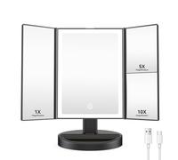 Auxmir Vanity Makeup Mirror with 68 LED Lights, 10X/5X/1X Rechargeable Magnifying Mirror, Touch Screen Stepless Dimmable Color Adjustable Trifold Mirrors, 180° Rotation Portable Cosmetic Mirrors