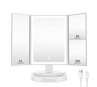 Auxmir Vanity Makeup Mirror with 68 LED Lights, 10X/5X/1X Rechargeable Magnifying Mirror, Touch Screen Stepless Dimmable Color Adjustable Trifold Mirrors, 180° Rotation Portable Cosmetic Mirrors