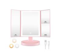 Auxmir Vanity Makeup Mirror with 68 LED Lights, 10X/5X/1X Rechargeable Magnifying Mirror, Touch Screen Stepless Dimmable Color Adjustable Trifold Mirrors, 180° Rotation Portable Cosmetic Mirrors