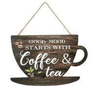AUXSOUL Coffee Sign Good Moon Starts with Coffee & Tea Hanging Plaques for Kitchen Pictures for Wall Hanging Plaque Wooden Sign Farmhouse Decorative for Kitchen Bar Decor