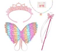 AUYAO 5Pcs Kids Butterfly Wings Costume Set, Fancy Dress Up Butterfly Wings Cape Kids, Princess Fairy Costume Butterfly Wings Set with Necklace Crown Scepter, Girls Butterfly Dress up for Halloween
