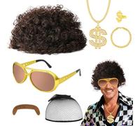 AUYAO 7 Pcs Disco Hippie Costume 60s 70s Hippy Fancy Dress Men Accessories Funky Afro Wig Hippie Wig 80s Disco Fever Hippie Wig Hair Set with Black Hairnet Sunglasses Beard Necklace Ring Bracelet