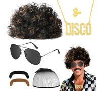 AUYAO 7 Pcs Disco Hippie Costume 60s 70s Hippy Fancy Dress Men Accessories Funky Afro Wig Hippie Wig 80s Disco Fever Hippie Wig Hair Set with Black Hairnet Sunglasses Beard Necklace Ring Bracelet