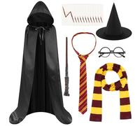AUYAO 7 Pcs Wizard Costume Wizard Outfit, Wizard Robe Wizard Fancy Dress Up Costume with Magic Wand Black Cape Scarf Glasses Tattoo Sticker Tie Hat Cosplay Outfit for World Book Day Halloween Girl Boy