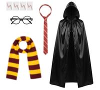 AUYAO 7 Pcs Wizard Costume Wizard Outfit, Wizard Robe Wizard Fancy Dress Up Costume with Magic Wand Black Cape Scarf Glasses Tattoo Sticker Tie Hat Cosplay Outfit for World Book Day Halloween