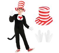 AUYAO Children Dr.Seuss Cat in The Hat Costume, 3 Pcs Crazy Cat Fancy Dress Jumpsuit for Children, World Book Day Fancy Dress Cat Costume, Cat Outfit Costumes for Kids, Kids Halloween Costume(120)