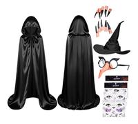 AUYAO Hooded Cape Halloween Witch Long Cloak Hooded Cape, Hooded Cloak Halloween Christmas Fancy Cape, 8Pcs Fancy Dress Costume Masquerade Party with Witch Hat Gloves(150)