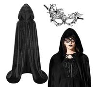 AUYAO Hooded Cape Halloween Witch Long Cloak Hooded Cape, Hooded Velvet Cloak Halloween Christmas Fancy Cape, 3Pcs Fancy Dress Costume Masquerade Party with Witch Mask Black Cape Witch Bracelet(150)