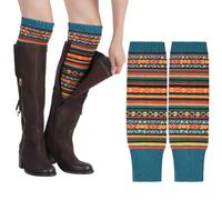 AUYAO Ladies’ Knitted Leg Warmers, 1Pcs Bohemian Leg Warmers for Womens, Wool Winter Long Leg Warmers, Striped Ethnic Knitting Footless Leg Warmers, Knee High Knitted Boot Socks for Women Girls