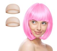 AUYAO Short Bob Wig for Women, 3 Pack Short Pink Bob Wigs Set with 2 Wig Caps, Neon Fancy Dress Accessory Cosplay With Bangs, Synthetic Straight for Daily Halloween Party