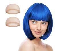 AUYAO Short Bob Wig for Women, 3 Pack Short Royal Blue Bob Wigs Set with 2 Wig Caps, Neon Fancy Dress Accessory Cosplay With Bangs, Synthetic Straight for Daily Halloween Party