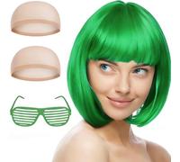 AUYAO Short Bob Wig for Women, 4 Pack Short Green Bob Wigs Set with 2 Wig Caps & Sunglass, Neon Fancy Dress Accessory Cosplay With Bangs, Synthetic Straight for Daily Halloween Party