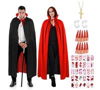 AUYAO Vampire Costume Women Men Witch Hooded Cape 6Pcs Double-Sided Cloak Hooded Cape with Fake Teeth/Red Long Nails/Cross Necklace/Scar Stickers Halloween Fancy Dress Masquerade Party(150)