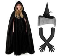 AUYAO Witch Costume Women Girls Witch Hooded Cape 3Pcs Halloween Hooded Cloak with Hooded Cape/Rose Spider Witch Hat/Witch Gloves Unsix Adult Kid Vampire Fancy Dress Costume Masquerade Party (150)
