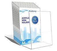 Auzkong 12 Pack A4 Sign Holders, Acrylic Slant Sign Holders, Clear Plastic Display Stand, Acrylic Paper Signs Holder Photo Frame for Restaurants Hotels Menu Stores Office (A4-12 Pack)