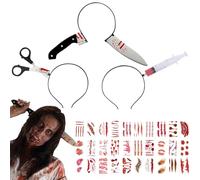 Auzlya Halloween Knife in the Head, Pack of 3 Halloween Headbands, Halloween Accessories, Halloween Accessories, Bloody Scissors in the Head, with Scars Tattoo, for Men and Women at Halloween Party
