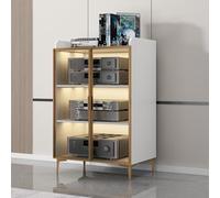 AV Cabinet 2/3 Tier Modern Stereo Rack Cabinet Media Storage Cabinet AV Cabinet with Glass Doors Media Console without LED light for Gaming Meeting Living Recording Room.(White,60X42X118cm)