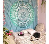 AVA Collections Green Cotton Tapestry Wall Hanging Mandala Decorative Indian Cotton Boho Psychedelic Bedspread Throw Cotton Picnic Mat Home Decor (Green- Ombre Mandala, 90x84 inches (220x215 cm))
