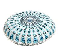 AVA Collections Mandala Floor Pillow Cover- 100% Cotton 32x32 inches Round Cushion Covers, Boho Spiritual Decor for Sofa and Bedroom, Handmade Boho Pillowcase COVER ONLY (Peacock-Sky Blue)