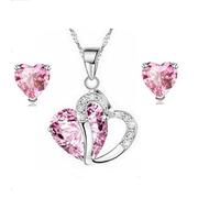 Ava Collections Women S925 Sterling Silver Cubic Zirconia Jewellery Set Pink Heart Necklace with Earrings and Chain 45cm