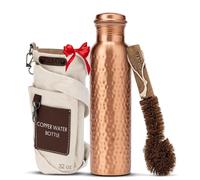 AVA DESIGNZ CLEO HOME 100% Pure Copper Water Bottle for Drinking, 32 Oz Large Hammered Ayurvedic Copper Bottle with 2 Pockets Canvas Bag & Cleaning Brush, Leak-Proof Insulated Copper Water Bottle
