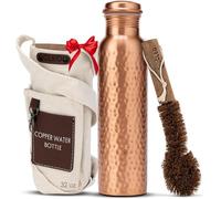 AVA DESIGNZ CLEO HOME 100% Pure Copper Water Bottle for Drinking, 32 Oz Large Hammered Ayurvedic Copper Bottle with 2 Pockets Canvas Bag & Cleaning Brush, Leak-Proof Insulated Copper Water Bottle