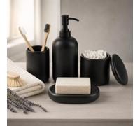Ava Nord Modern Minimalist Ceramic Bathroom Accessories | Set of 4 | Black | Soap Dispenser + Toothbrush Holder + Soap Dish + Cup, Aesthetic Scandinavian Design, Home Decor, Scratch Resistant, Durable