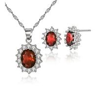AVA Women S925 Sterling Silver Cubic Zirconia Jewellery Set Oval Necklace with Earrings and Chain 45cm Red Sapphire