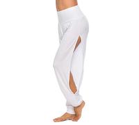 AvaCostume Womens Harem Yoga Pants Side Slit Sport Workout Sweatpants - White - Medium