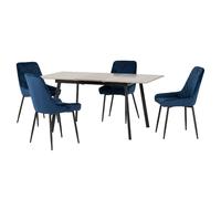 avah extending concrete dining table with 4 blue chairs