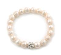 Avalaya 10mm Freshwater Pearl With Clear Crystal Disco Ball Bead Stretch Bracelet - 18cm L