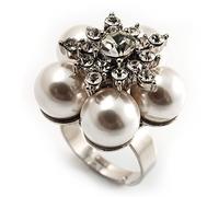 Avalaya 26mm D/Snow White Faux Pearl Crystal Flower Ring/Silver Tone/Adjustable