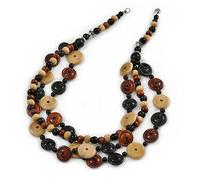 Avalaya 3 Strand Black/Brown/Neutral Round and Button Wooden Beads Necklace - 70cm