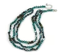 Avalaya 3 Strand Layered Glass/Shell Bead Necklace In Malachite Green/Emerald Green with Silver Tone Closure - 50cm L/ 6cm Ext