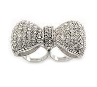 Avalaya 50mm Across/Large Clear Crystal Pave Set Bow Two Finger Ring/Rhodium Plated/Adjustable