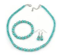 Avalaya 5mm/7mm Aqua/Cyan Glass/Crystal Bead Necklace, Flex Bracelet & Drop Earrings Set/ 42cm L/ 5cm Ext