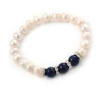 Avalaya 8mm White Freshwater Pearl with Semi-Precious Dark Blue Lapis Stone Stretch Bracelet - 16cm L - Size S - Small