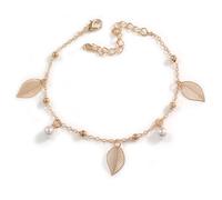 Avalaya Ankle Chain/Anklet/Beach Anklet Foot Jewellery Gold Tone Chain with Leaf and Pearl Bead Charms for Women Girl - 19cm L/ 7cm Ext