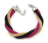 Avalaya Black/Fuchsia/Gold Twisted Mesh Bracelet/Silver Tone/ 16cm L/ 4cm Ext