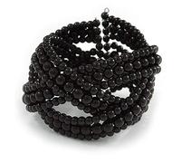 Avalaya Black Glass Bead Plaited Flex Cuff Bracelet - Adjustable