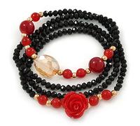 Avalaya Black, Red Glass Bead With Red Acrylic Rose Flex Bracelet/Necklace - 70cm L