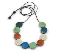 Avalaya Blue/White/Green/Brown Wooden Coin Bead Black Cotton Cord Necklace/ 100cm Max Length/Adjustable