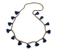 Avalaya Boho Style Bronze Glass Bead with Dark Blue Tassel Long Necklace - 96cm L